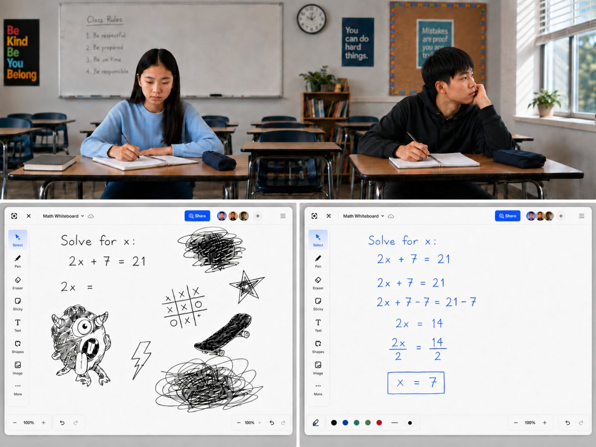 Two students who look equally focused in class, while their digital whiteboards reveal that only one is working through the math problem